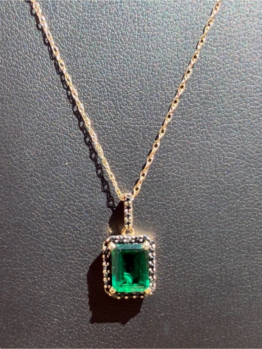 10k Yellow Gold 1.31ct Lab Emerald And .12ct Black Diamond Pendant Necklace